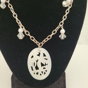 Vintage Necklace Mother of Pearl Pendant Tropical palm Tree ocean Silver Tone